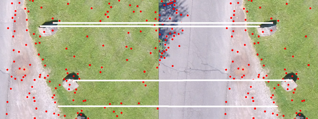 Features (red points) and matches between overlapping images (white lines). min-num-features controls the desired number of red points in each image