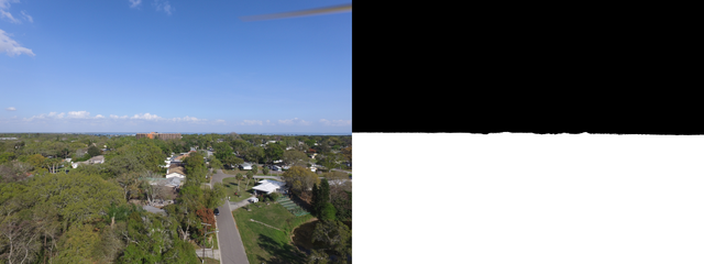 Input image (left) and image mask for the same image removing the sky (right). Black areas are ignored during reconstruction