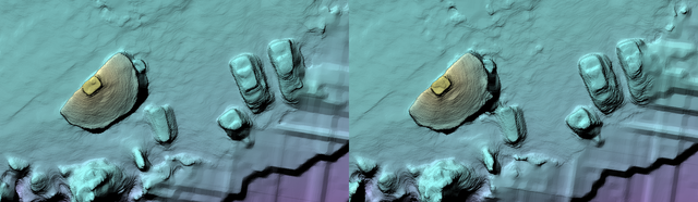 Elevation model with defaults (left) vs. pc-skip-geometric (right). Improved building and car definition on the left.