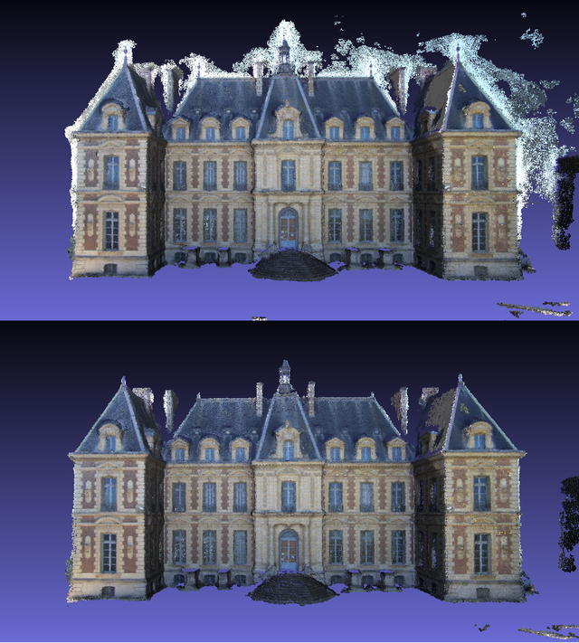 3D point cloud without (top) and with sky masks (bottom). Sceaux castle model generated from photos by Pierre Moulon