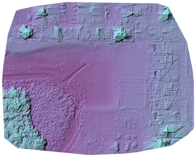 Terrain model created using default SMRF settings. Note a few houses were incorrectly included, and there are lingering artifacts near the edges of removed objects.
