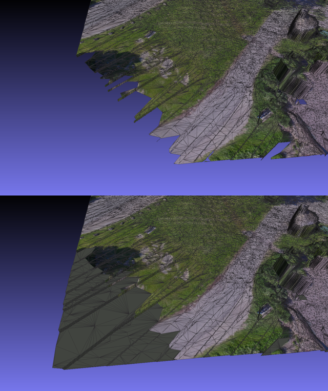 Unseen faces are removed from the textured mesh (top) vs. faces are kept with no color (bottom)